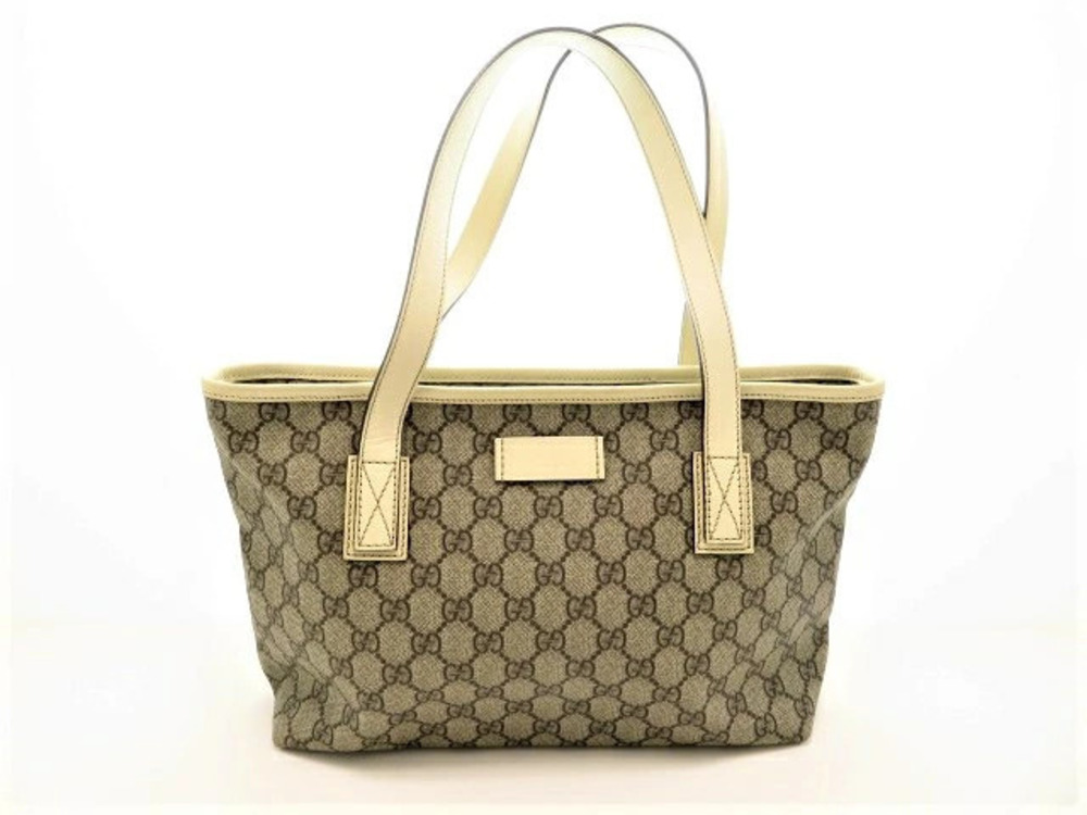 Gucci Tote Bag Canvas Calfskin Beige Cream Ivory White